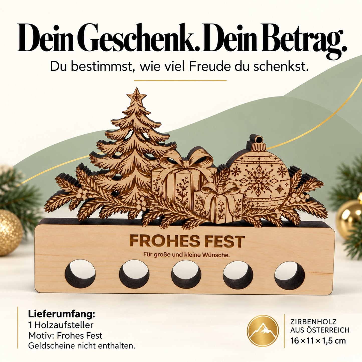 Frohes Fest – Geldgeschenk aus Zirbenholz
