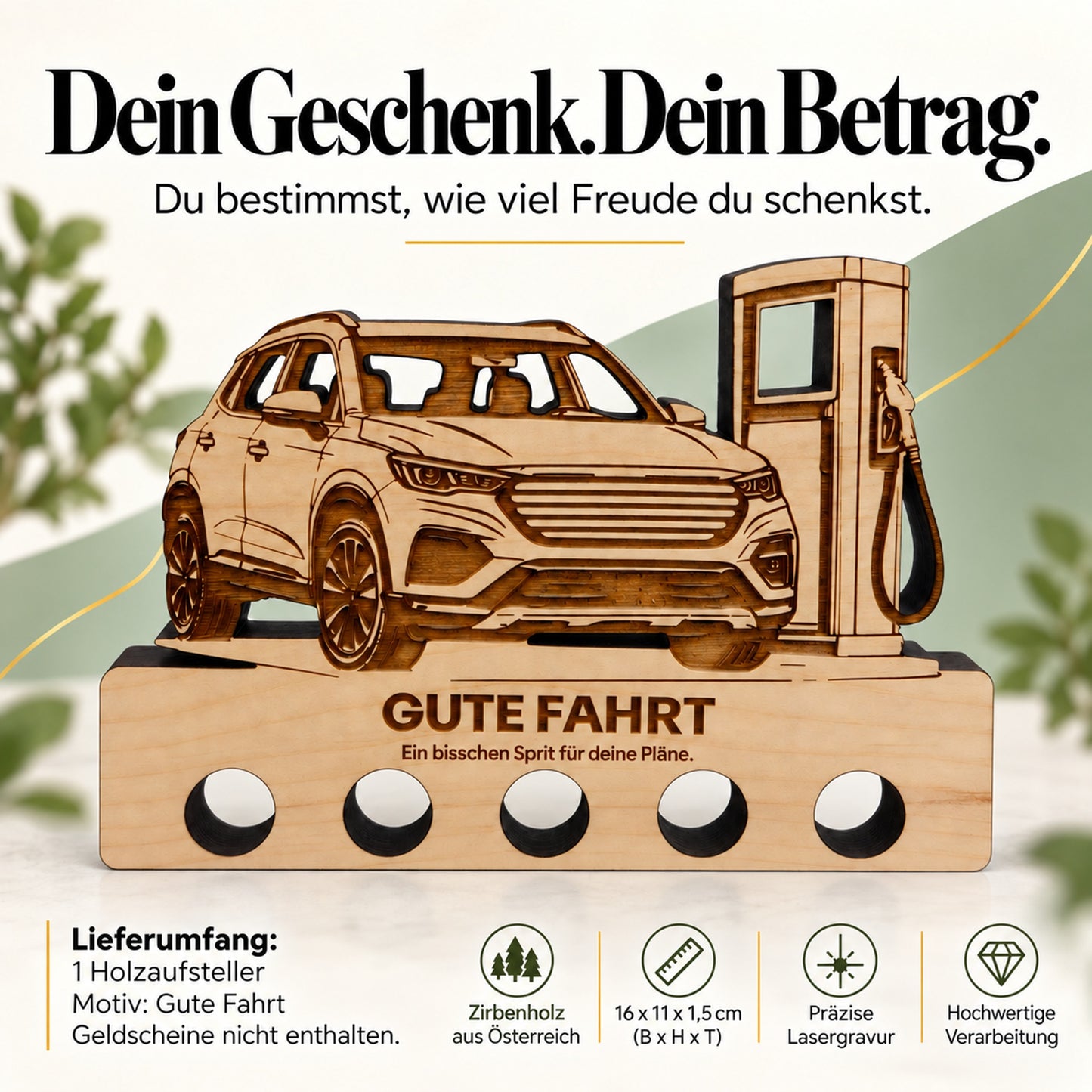 Gute Fahrt – Geldgeschenk aus Zirbenholz