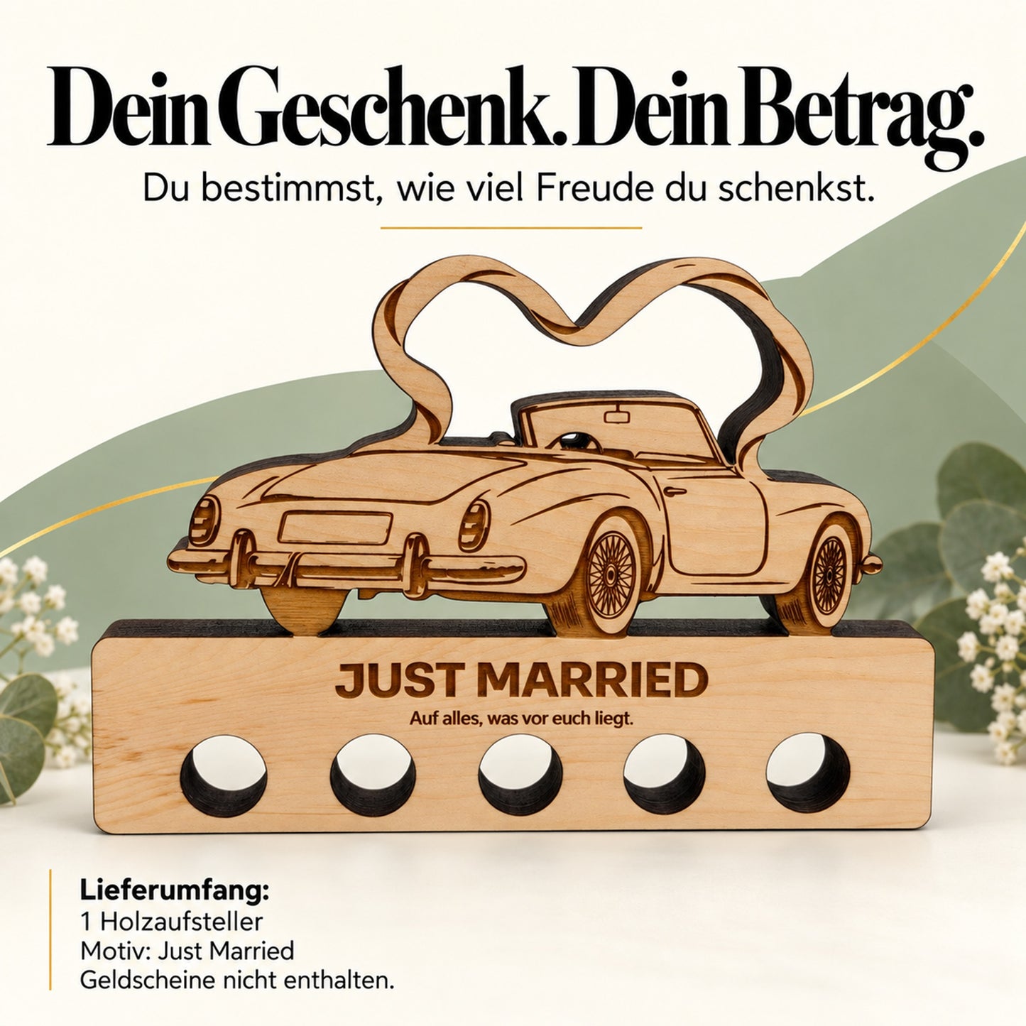Just Married – Geldgeschenk aus Zirbenholz