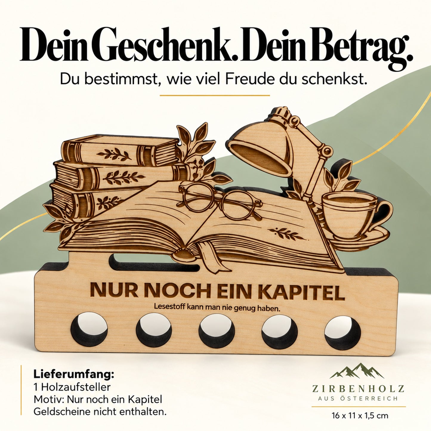 Nur noch ein Kapitel – Geldgeschenk aus Zirbenholz