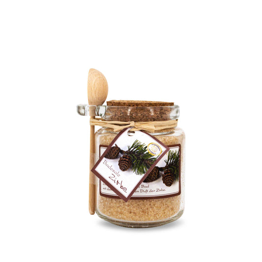 Badesalz Zirbe 300g im Glas mit Holzlöffel