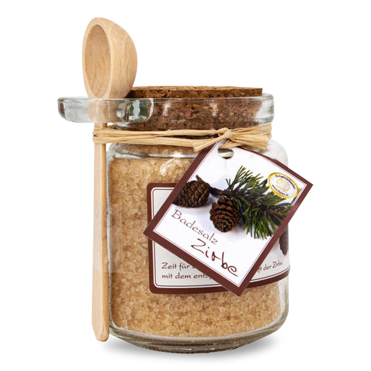 Badesalz Zirbe 300g im Glas mit Holzlöffel
