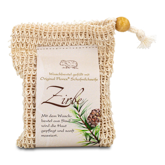 Kaltgerührte Zirben Seife im Sisal Waschbeutel 150g