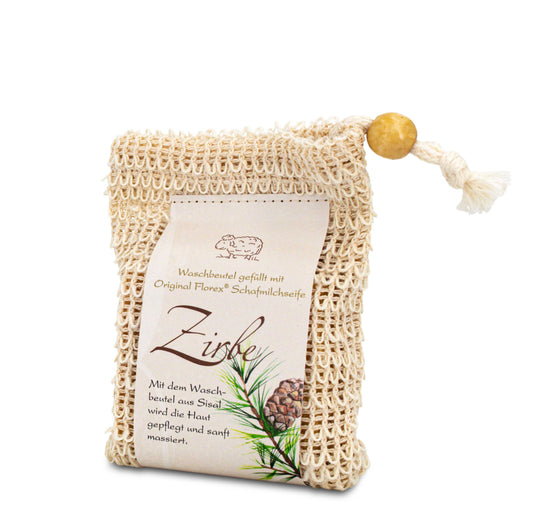 Kaltgerührte Zirben Seife im Sisal Waschbeutel 150g