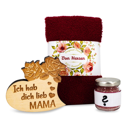 Geschenkset Mama Herz mit Handtuch Fuchsia