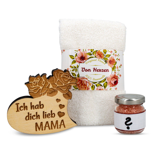 Geschenkset Mama Herz mit Handtuch weiß