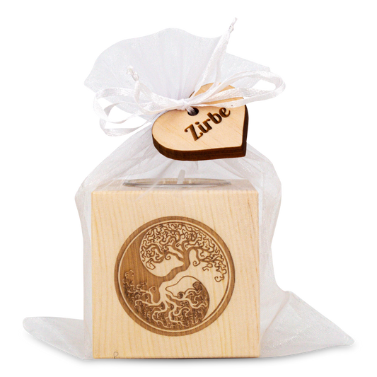 Teelichthalter aus Zirbenholz 7x7cm Baum YinYang