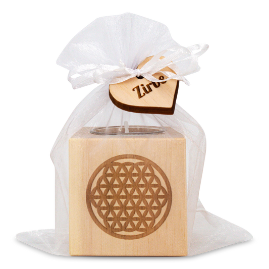 Teelichthalter aus Zirbenholz 7x7cm Blume