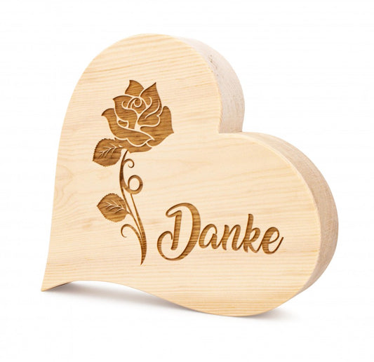 Zirbenherz Danke mit Rose 30cm
