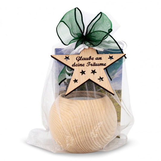 Teelichthalter aus Zirbenholz rund Glaube