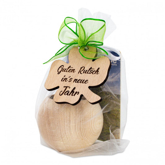 Teelichthalter aus Zirbenholz Klee Guten Rutsch