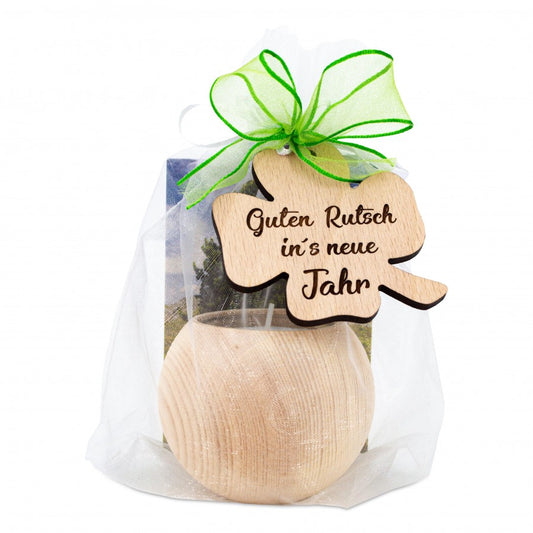 Teelichthalter aus Zirbenholz Klee Guten Rutsch