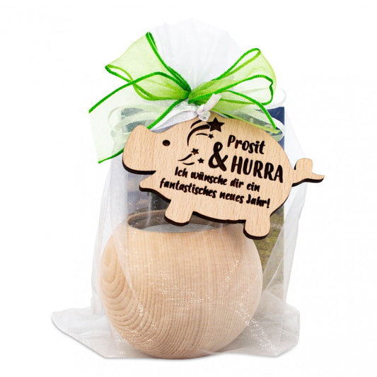 Teelichthalter aus Zirbenholz Schwein Prosit