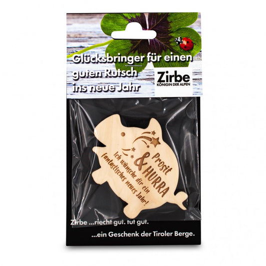 Glücksbringer aus Zirbe Schwein Prosit