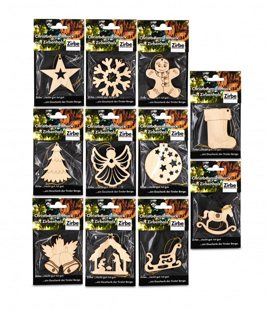 Christbaumschmuck aus Zirbe 11er Set