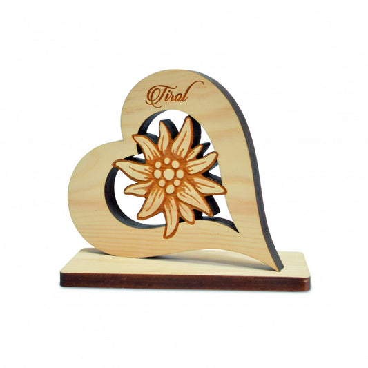 Zirbenherz auf Sockel mit Edelweiss und Tirol