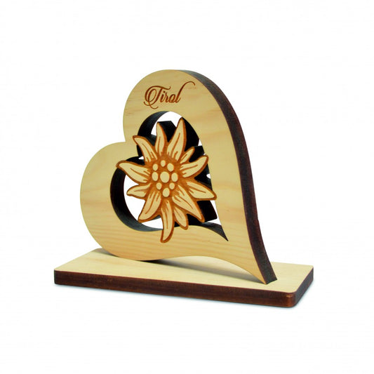 Zirbenherz auf Sockel mit Edelweiss und Tirol