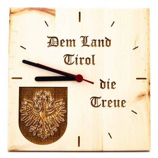 Zirben Wanduhr Tiroler Adler 3-D Optik mit Schriftzug